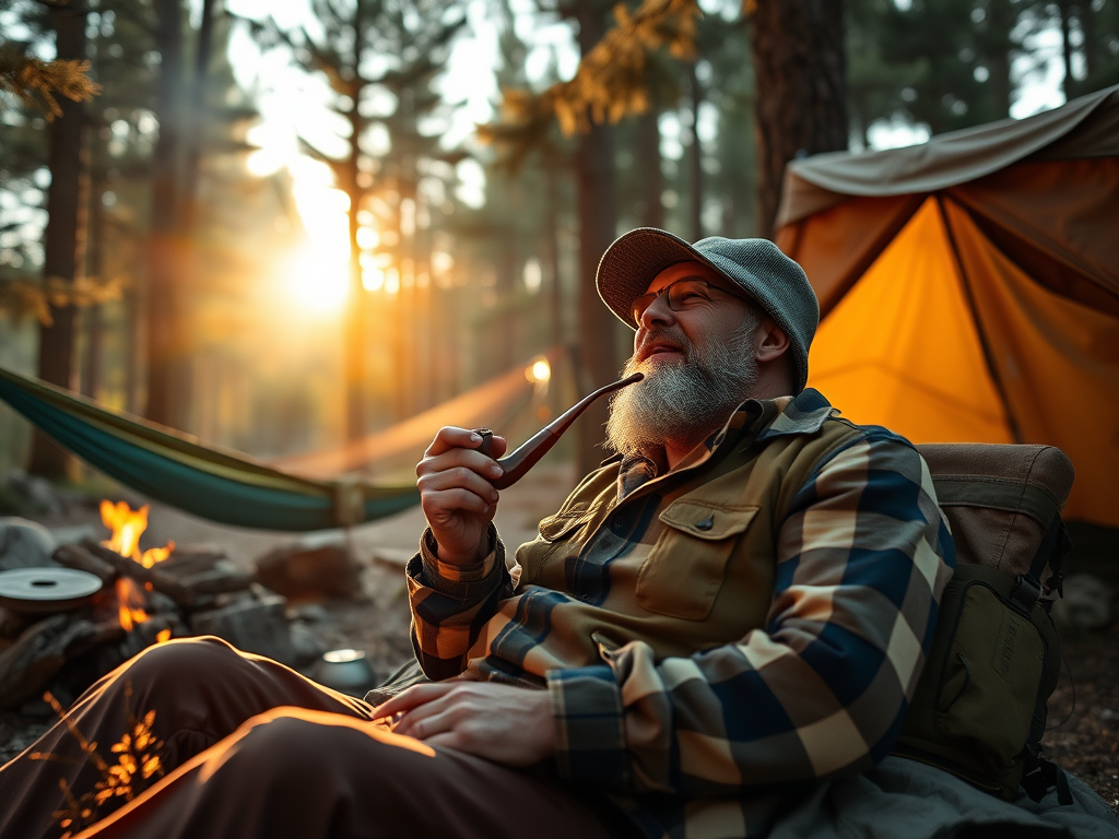 Relaxing at camp with a pipe.
