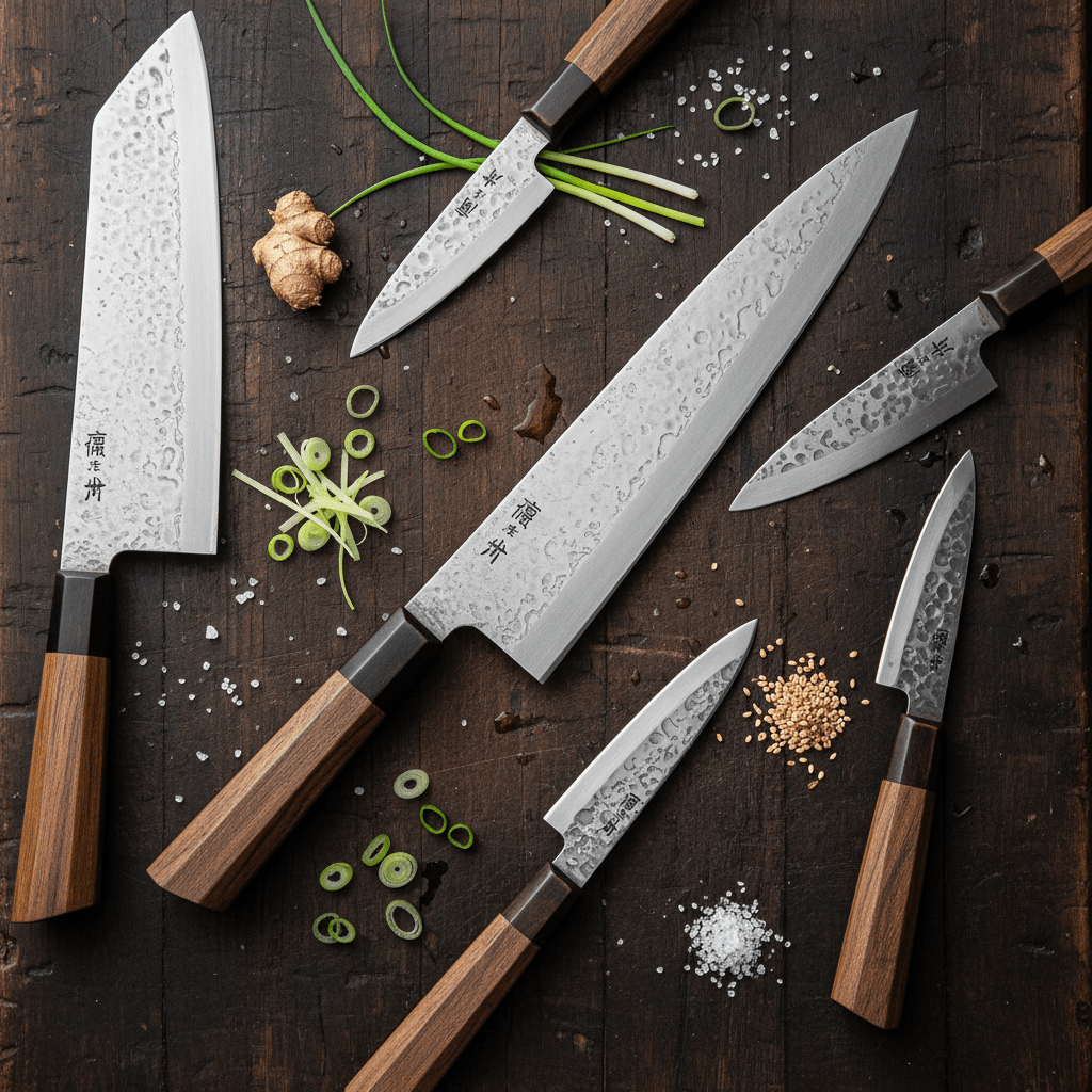 Six hand-crafted Japanese kitchen knives with hammered blades and wooden handles on dark wood.