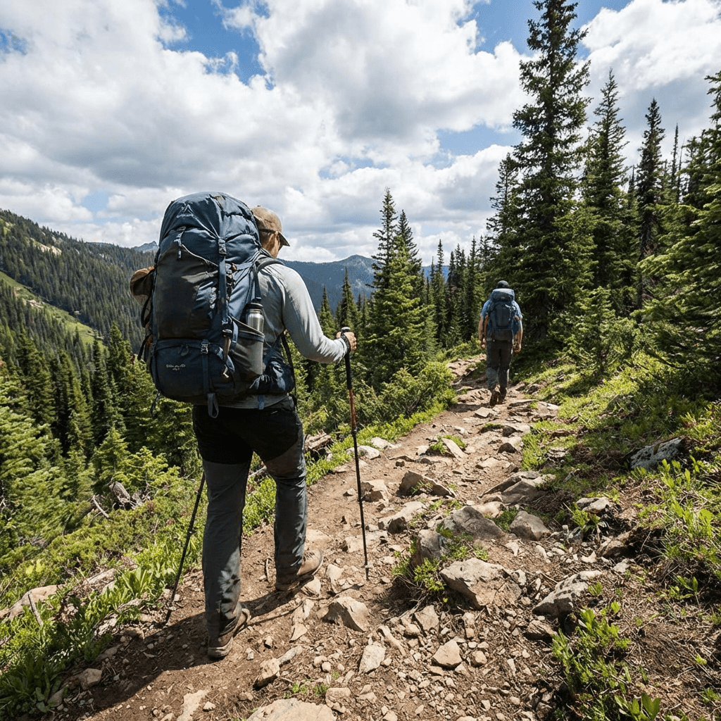 Two people with large backpacks hike along a rocky trail through a pine forest.