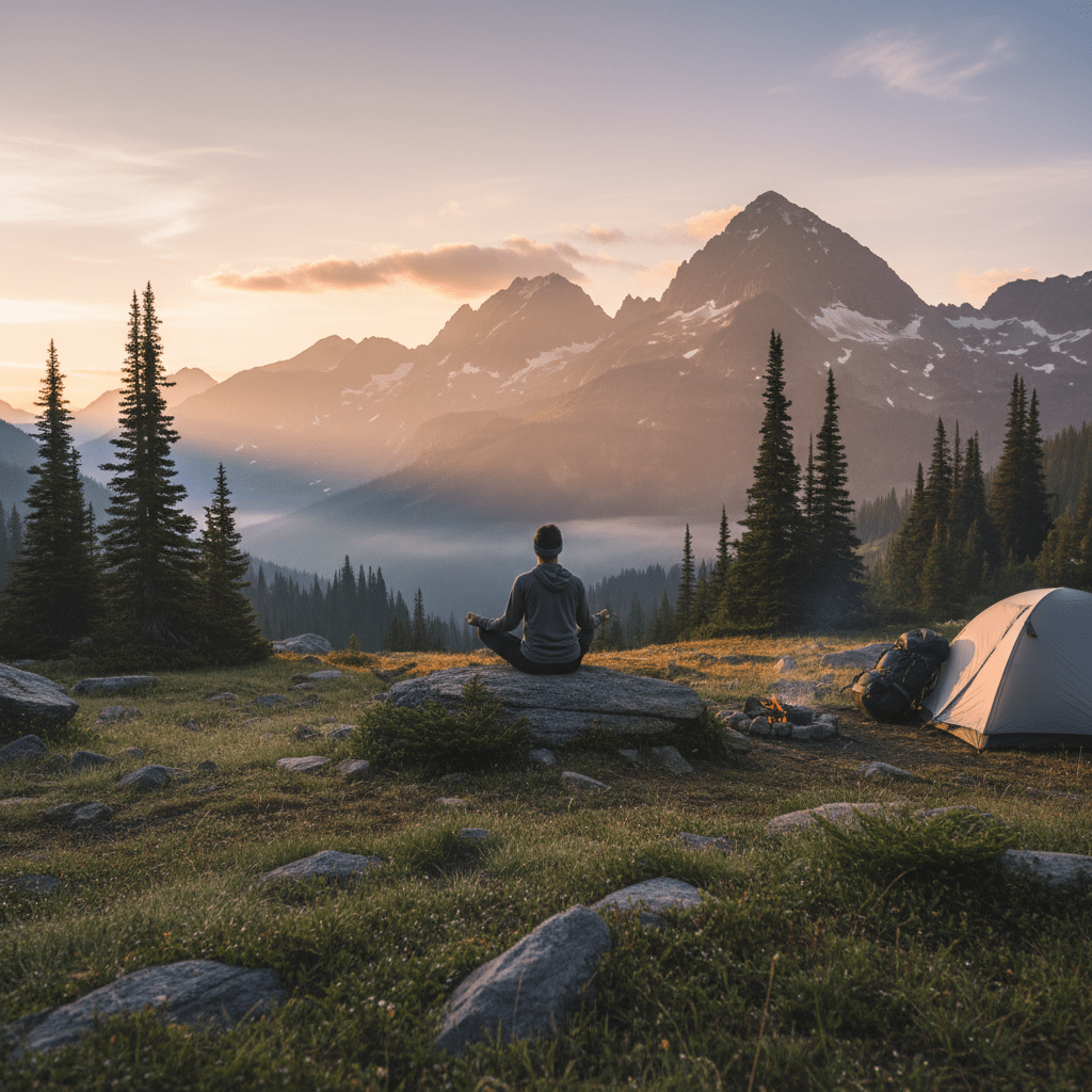 A person meditates on a rock overlooking misty mountains at sunrise near a campsite.