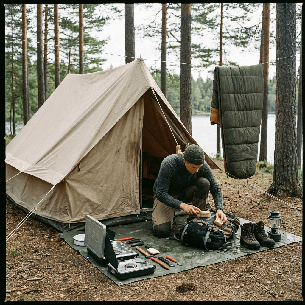 A man cleans a backpack on a tarp outside a canvas tent in a forest.