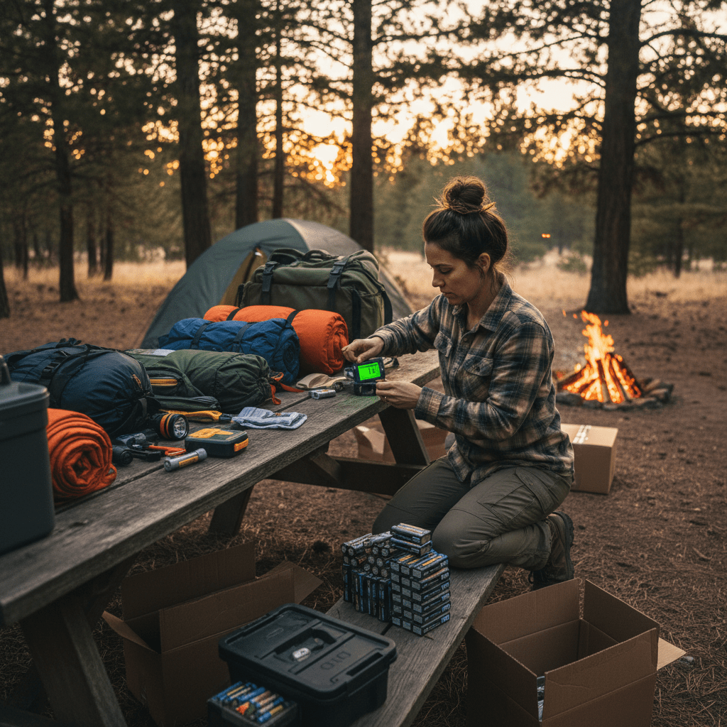 A woman organizes batteries and gear on a wooden picnic table at a sunset campsite.
