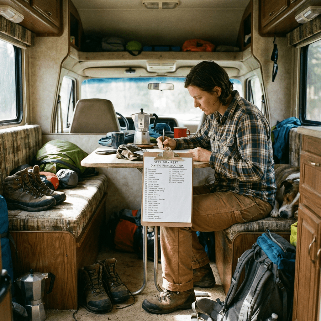 A person sitting in a camper van writing on a gear manifest checklist.