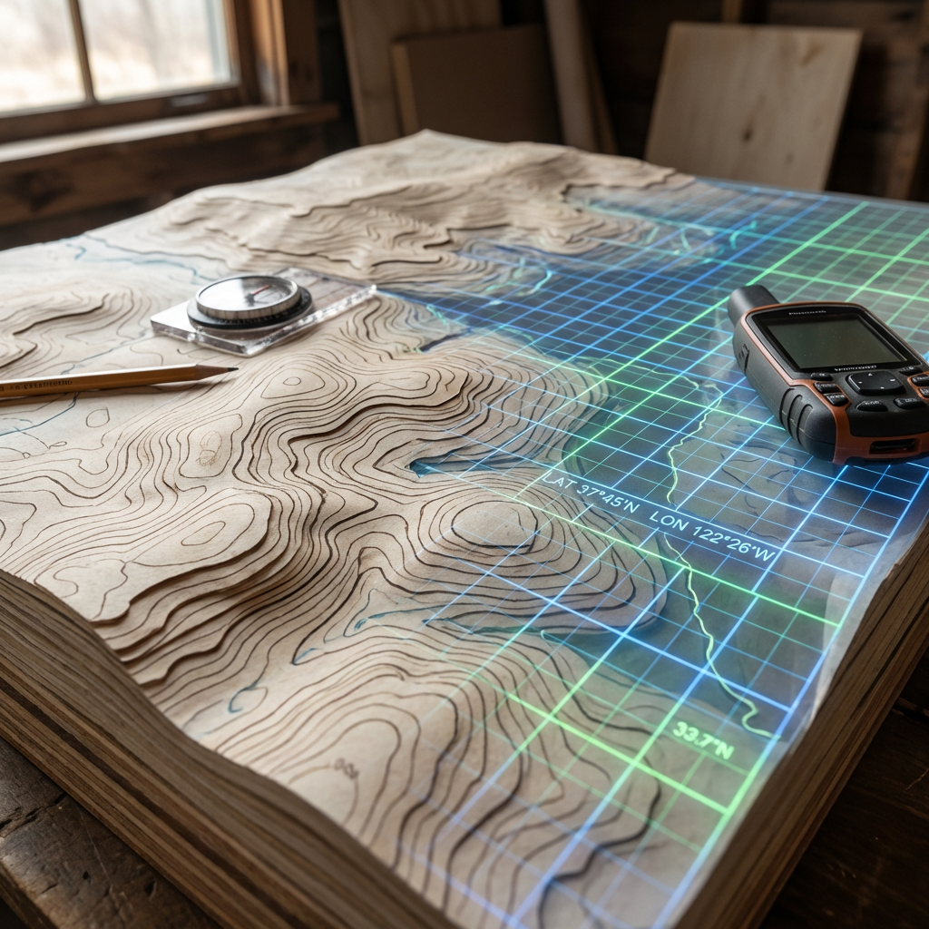 Wooden 3D topographic map with a digital grid overlay, compass, and handheld GPS device.