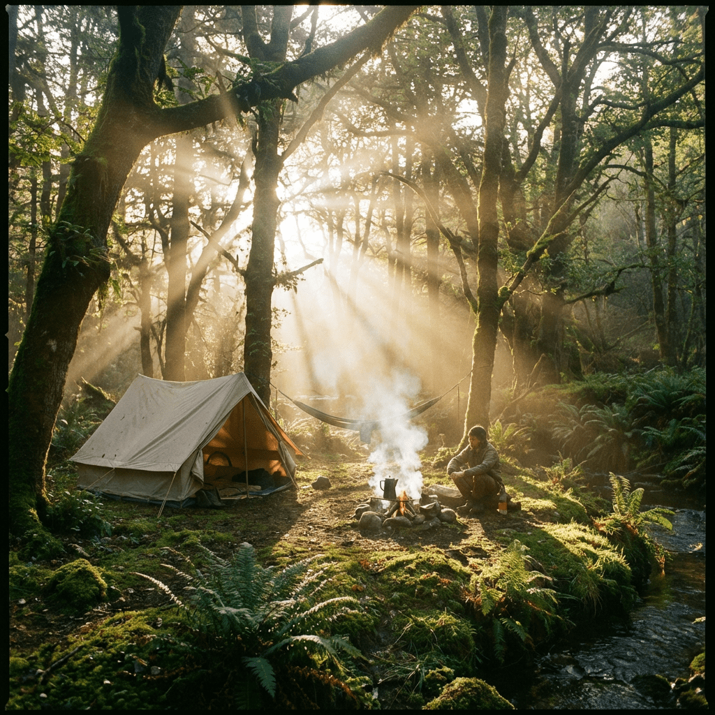 Forest campsite with tent, campfire, person sitting, and sunlight through trees