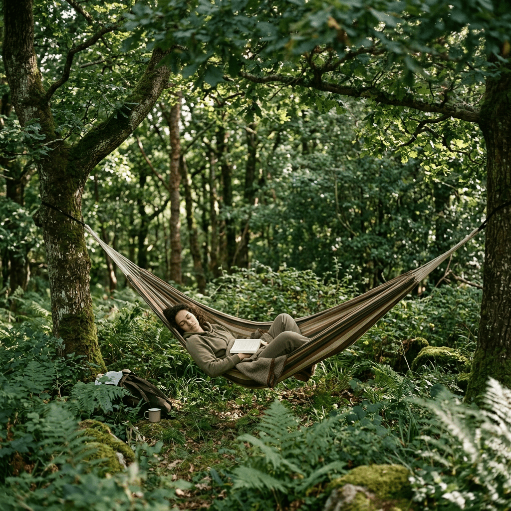 Person resting in hammock with open book surrounded by dense green forest