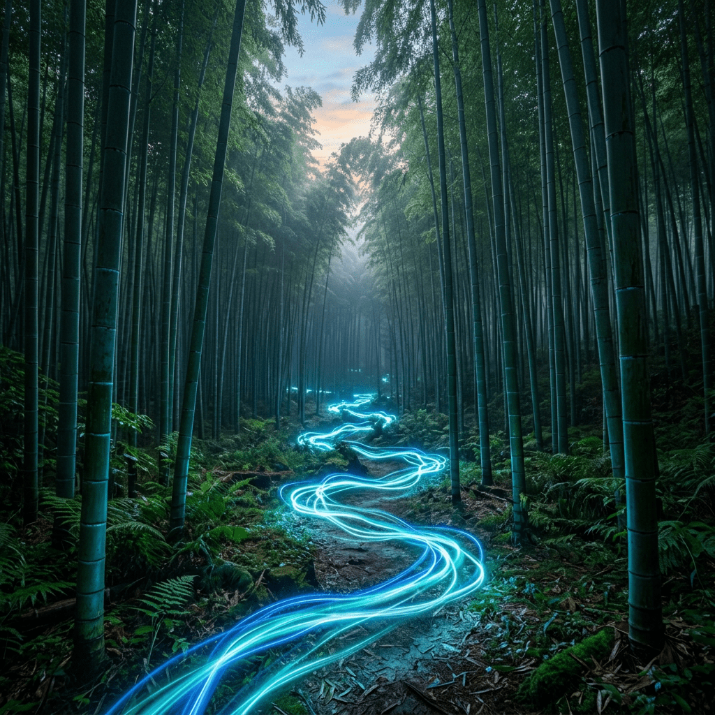 Bamboo forest path illuminated by glowing blue light trails