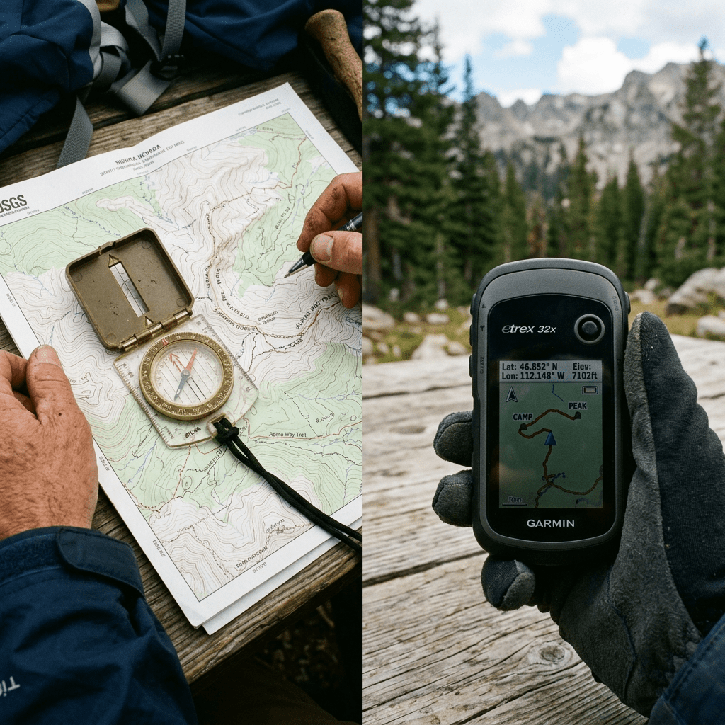 Hand using a compass on a topographic map and a hand holding a Garmin GPS device showing coordinates and elevation