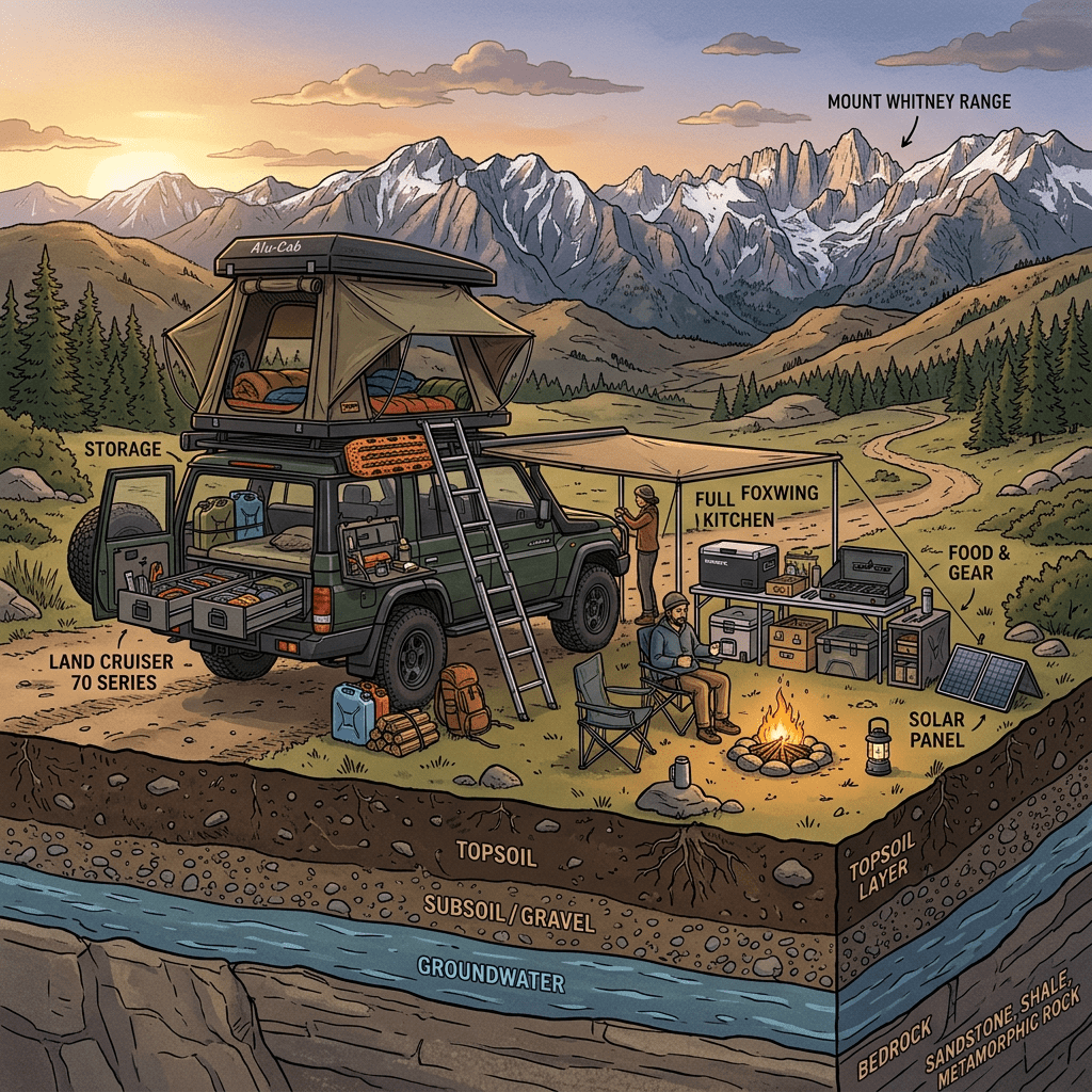 Land Cruiser 70 Series overlanding campsite with rooftop tent, kitchen, solar panel, and campfire in mountain setting