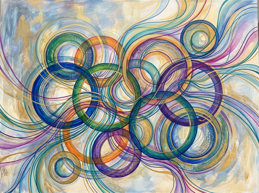 Abstract composition of overlapping colorful rings and flowing curved lines