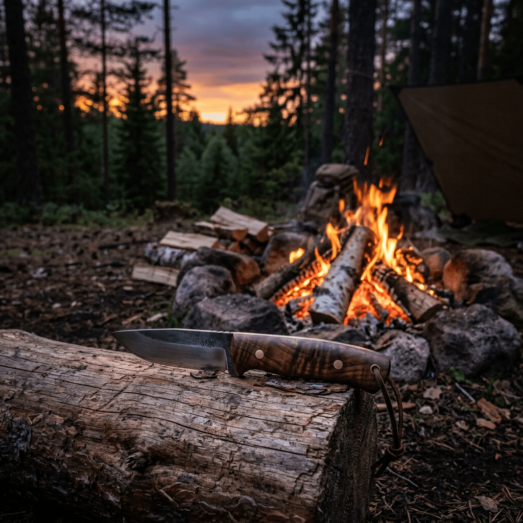 Hunting knife on log near campfire with forest background at sunset