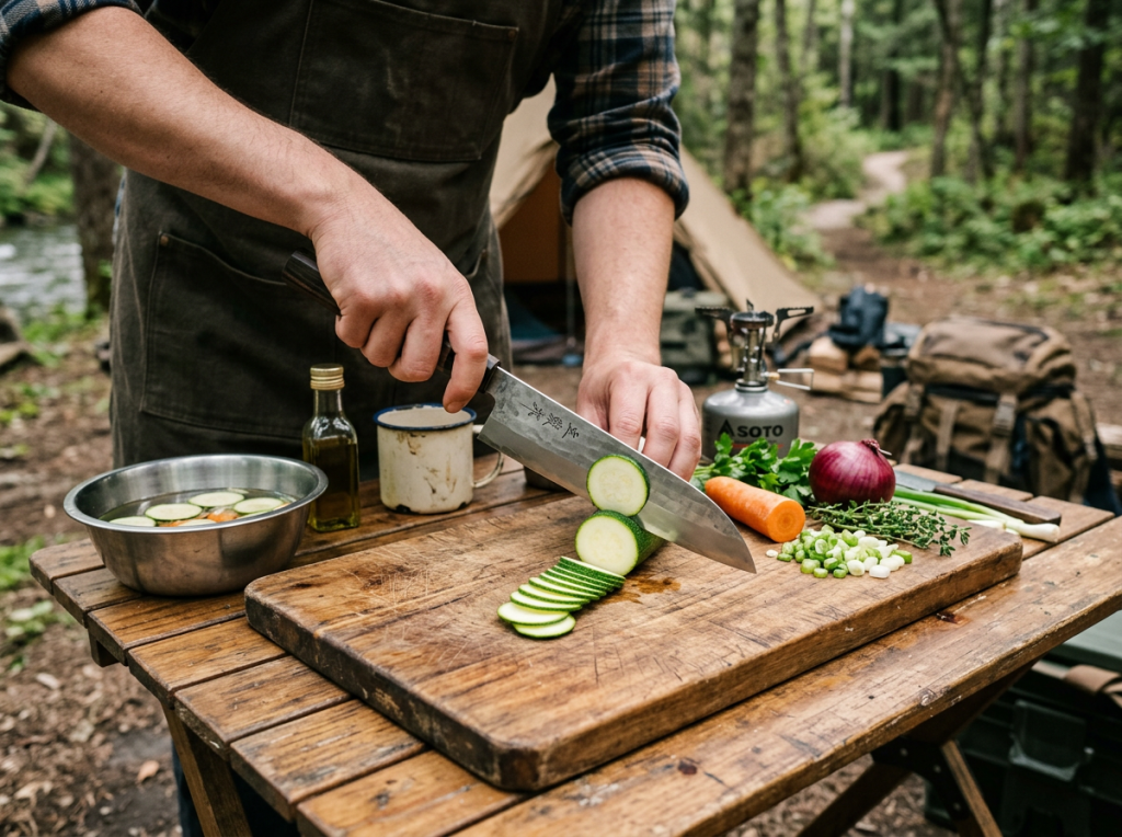 Person slicing zucchini on wooden cutting board with various vegetables and campsite gear