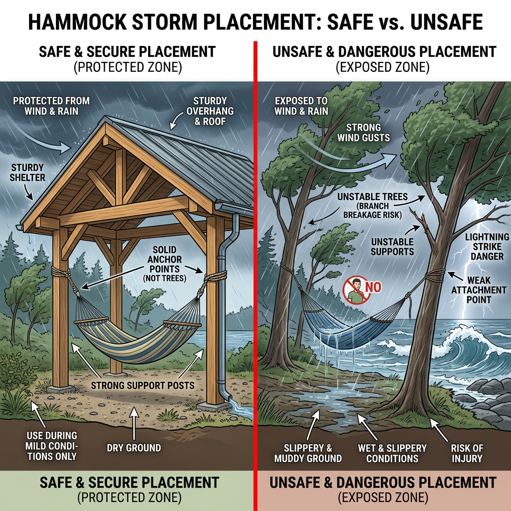 Illustration comparing safe and unsafe hammock placement during storms, highlighting protective features and dangers.