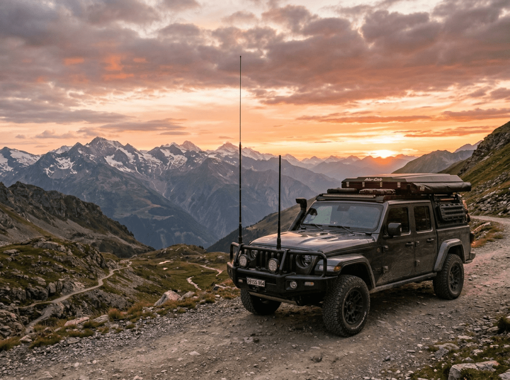 Off-road pickup truck on rocky mountain trail with sunset behind snowy peaks