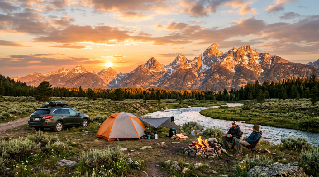 Camping setup with tent, campfire, two people seated by river, and mountains at sunset
