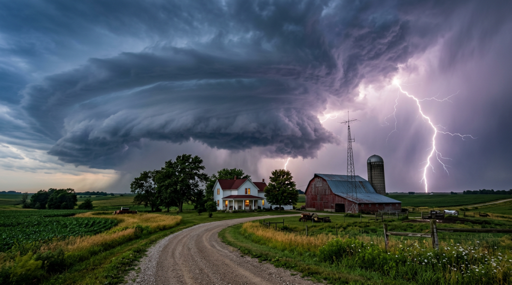 Rural farm with house, barn, and silo under swirling storm clouds with lightning