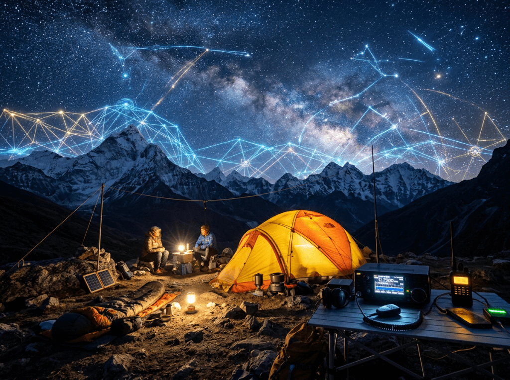Night campsite with tent, two people, camping gear, radio equipment, and constellation lines over mountain range