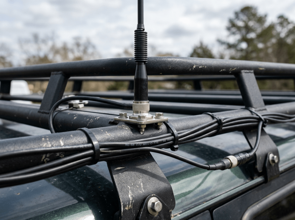 A vehicle roof rack with a mounted antenna and bundled cables secured with zip ties