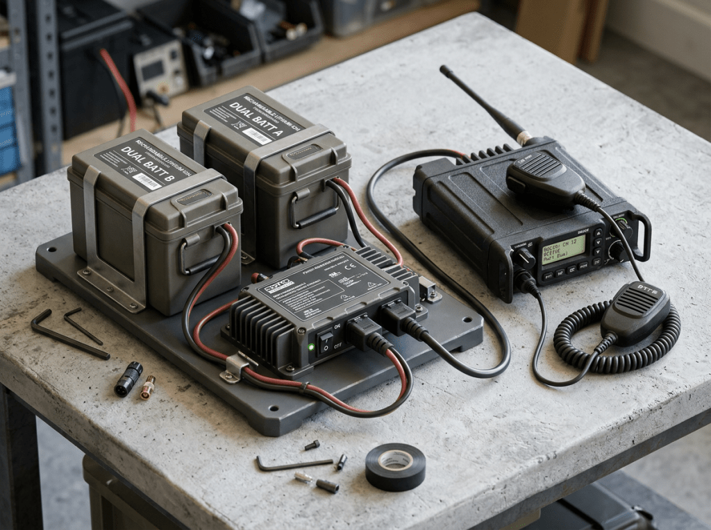 Portable radio device connected to dual batteries and power regulator on concrete workbench