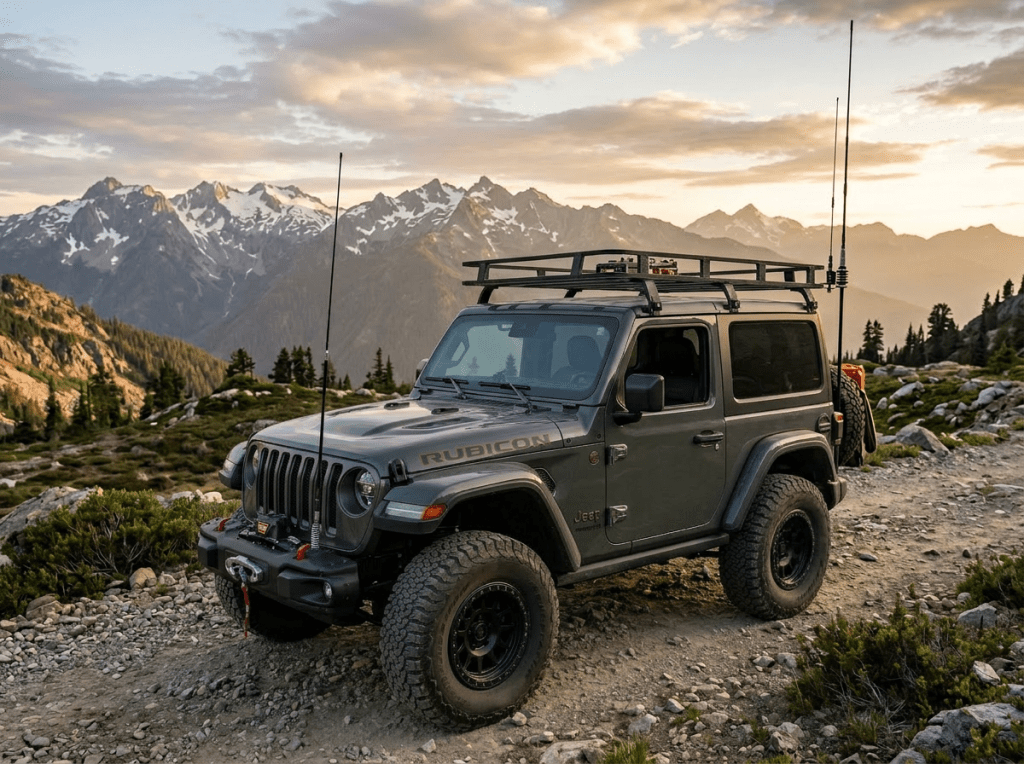 Green Jeep Wrangler on rocky mountain trail with snow-capped peaks