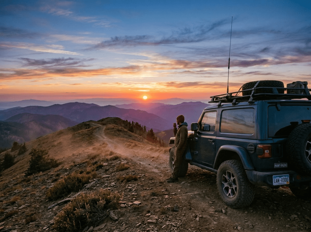 Person standing next to an off-road vehicle on a mountain ridge at sunset