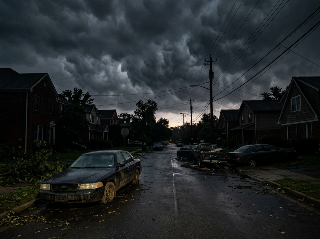 Suburban street with storm clouds, wet road, debris, and parked cars