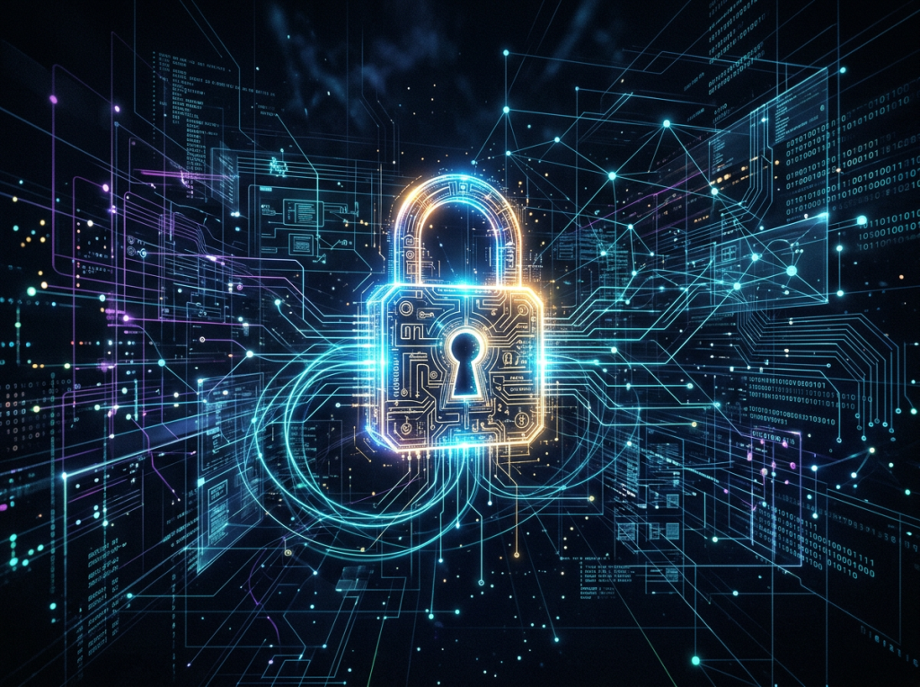 Glowing digital padlock surrounded by network data streams and circuitry