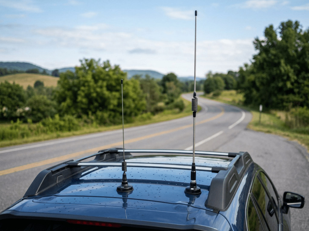 Two antennas on the roof of a blue car parked by a curving rural road