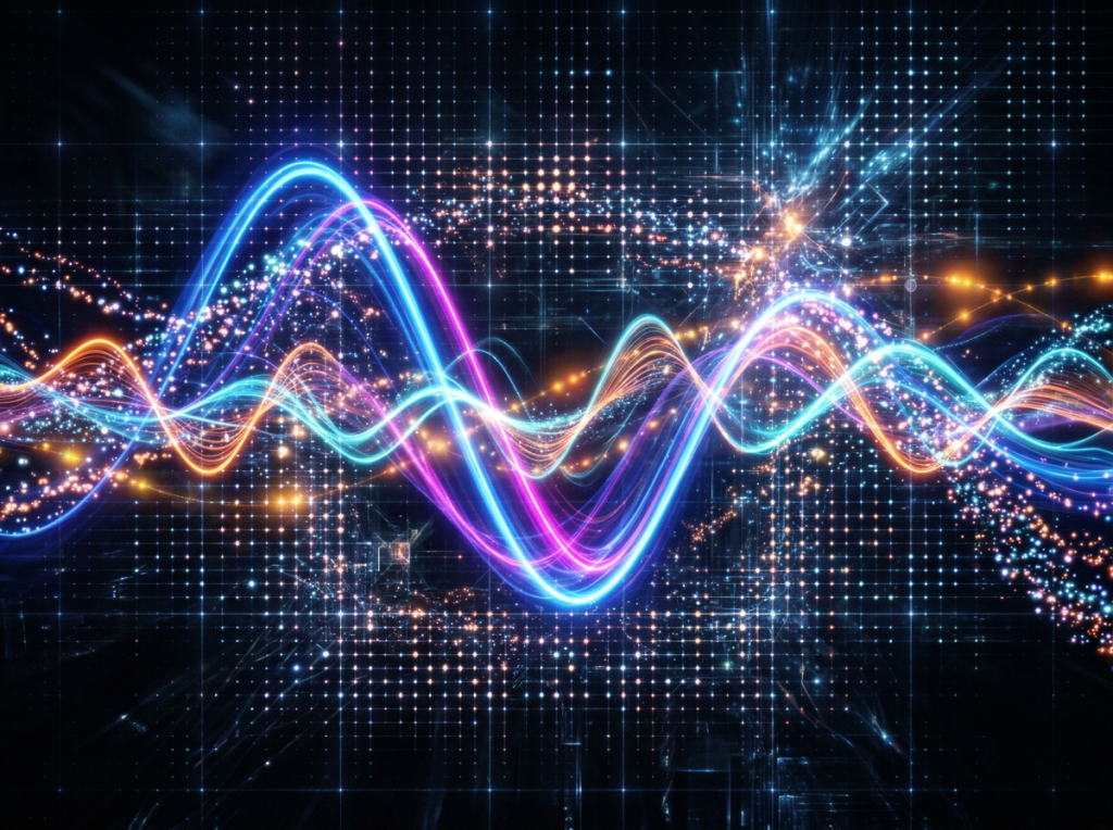 Intertwined colorful digital waveforms overlaid on a glowing grid of data points