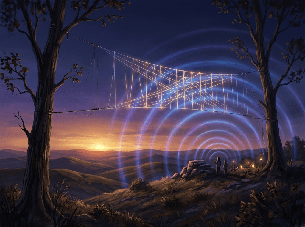 Wire antenna suspended between two trees emitting concentric signal waves at sunset with two people observing