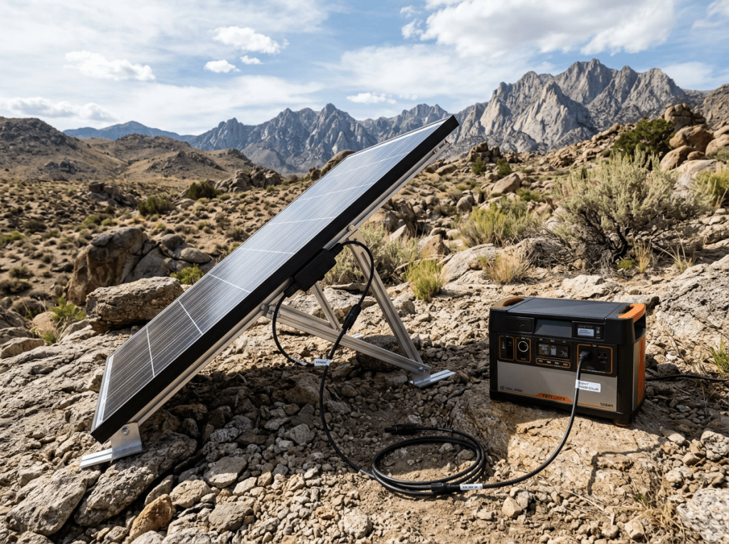 Solar panel angled on rocks connected by cable to portable power station