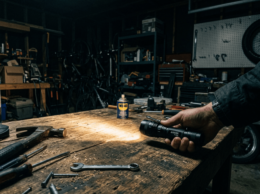 Hand holding a flashlight shining on a wooden workbench with various tools and a can of WD-40