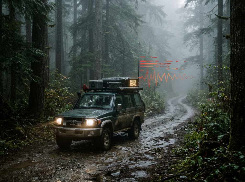 Off-road SUV with equipment on roof driving on muddy forest trail, radio signal visualization