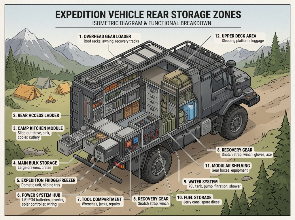 Isometric diagram of expedition vehicle rear storage zones with labeled compartments and equipment