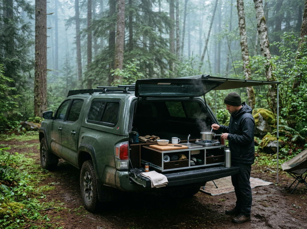 Man stirring a pot on a portable camping stove at the back of a green overland camper truck in a forest