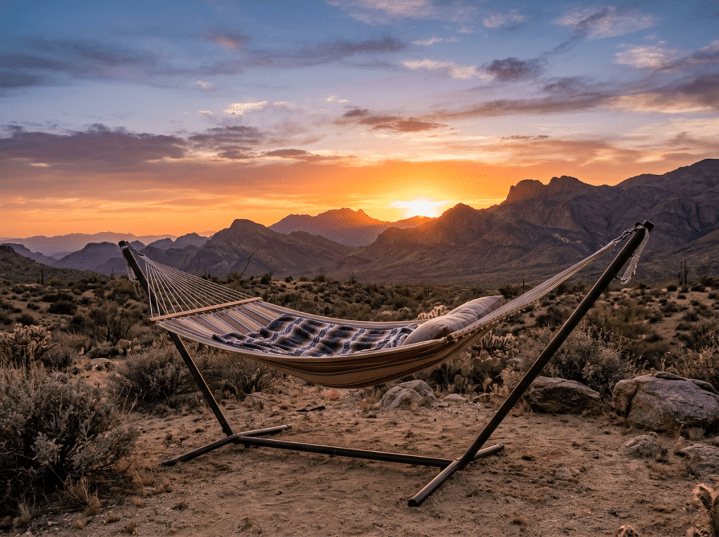 Hammock with blanket and pillow in desert at sunset with mountains