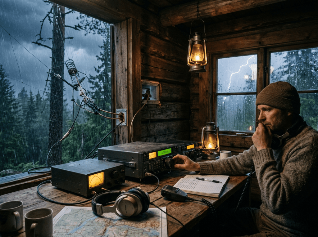 Man using ham radio equipment inside wooden cabin with lightning visible outside