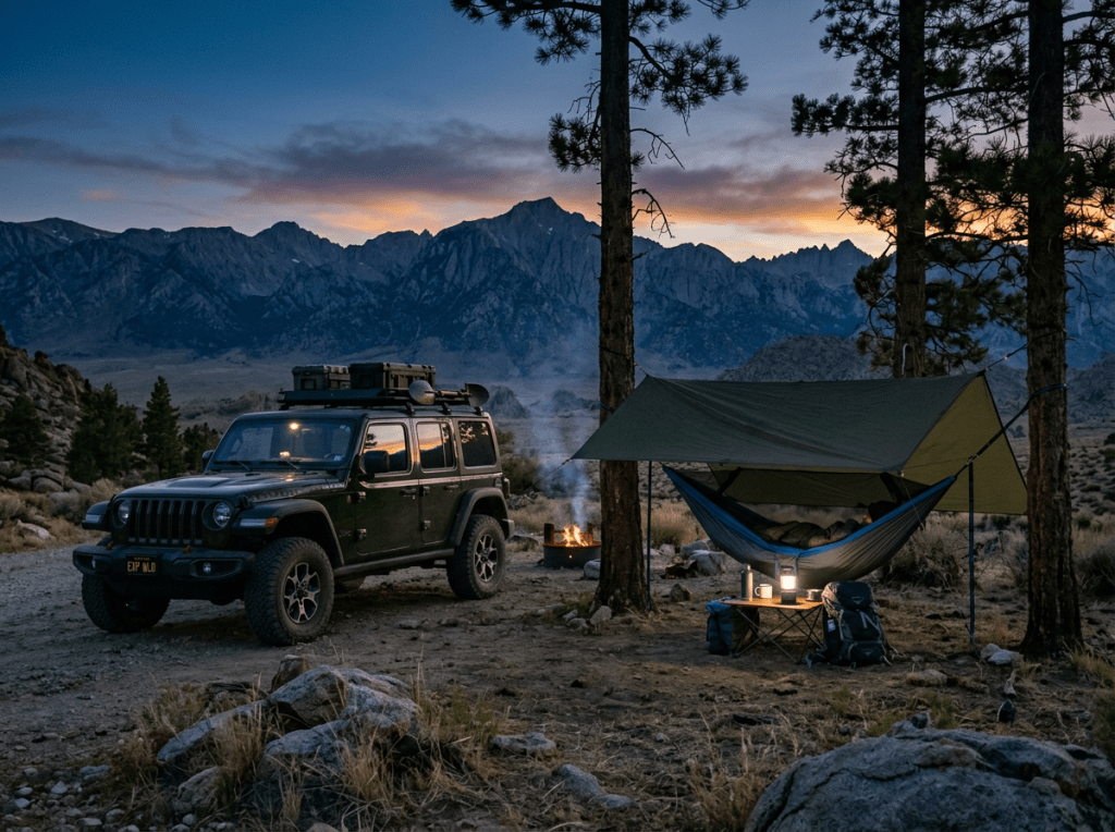 Mountain campsite with black Jeep, hammock under tarp, campfire, and backpacks at dusk