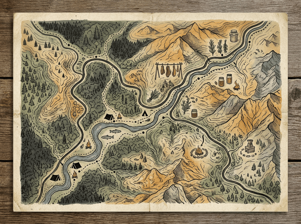 Illustrated wilderness map with mountains, rivers, trails, campsites, and supplies