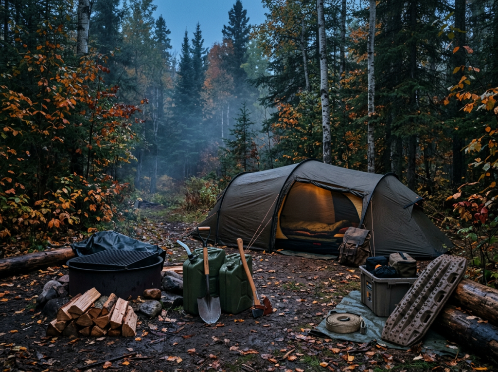 Tent and camping gear at an autumn forest campsite